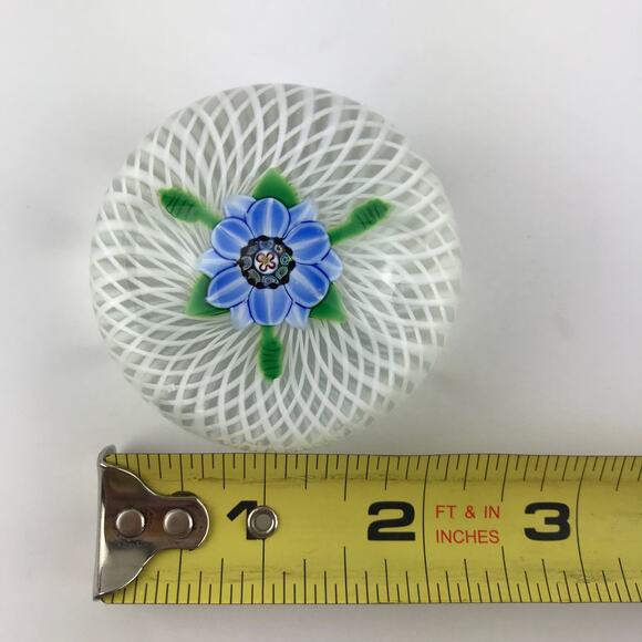 Perthshire 1985A Miniature Blue Flower Spiral Latticinio Cushion Paperweight - Picture 7 of 14